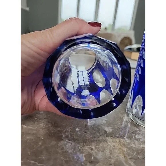 Cobalt Blue Bohemiun Crystal Vases, Pair 6" Tall - Picture 3 of 4